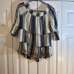 Knox Rose Women's Size Medium  Blue White Stripe Ruffle Boho Top Embroidered Hem